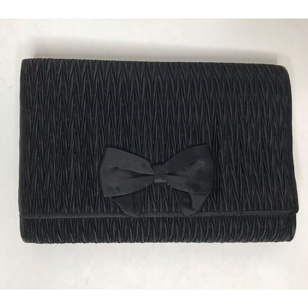 Carla Marchi Black Pleated Satin Bow Corded Strap Clutch Evening Bag Elegant